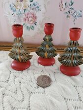 Set Of 3 Vintage Swedish Wood Handpainted Christmas Tree Candle Holders 3