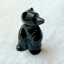 Nelson Yatsattie Zuni Bear Fetish Black Stone Turquoise Inlay Standing Carving picture