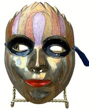 Vintage Solid Brass Masquerade Face Mask Hand Painted India Wall Decor 6