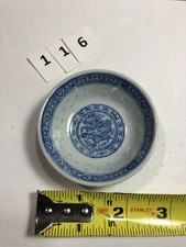 6 x , Vintage Chinese Rice Eye Translucent Blue & White  Soy Dish, Dragon S-116 picture
