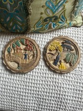 Vintage MCM Chalkware Asian Wall Plaques 3D Plaster Pagoda Set of 2 4.5