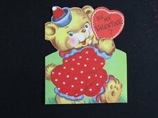 Vintage Valentines Day Card Die Cut Anthropomorphic Flocked Bear Rare Bi C1803 picture
