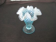 Fenton small Opalescent Vase Hobnail Blue Ruffled Edge about 3 ins tall EPOC picture