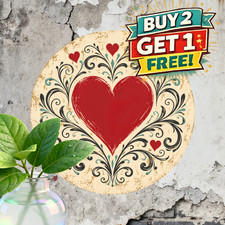 Boho Rustic Heart Romantic Love Floral Retro Round Metal Tin Sign Wall Art picture