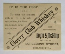 1895 Clover Club Whiskey Advertisement 145 & 147 So. Second Street, Philadelphia picture