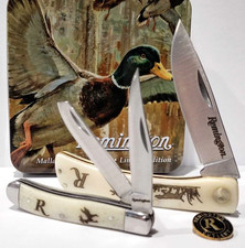 Remington Mallard Duck Hunting Tin White Bone Peanut Lockback Pocket Knife Set picture