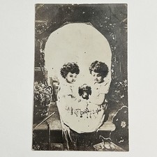 Antique RPPC Postcard Illustration Optical Illusion Memento Mori Skull Girl Odd picture