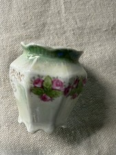 Antique Bavaria Germany Miniature Porcelain Vase Pink Roses Green Gold Trim picture