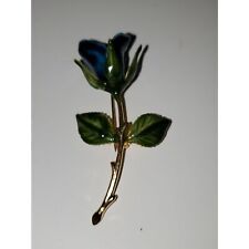 A Blue Rose Enameled Unmarked Pin Brooch Gold Tone Metal Vintage Costume Jewelry picture