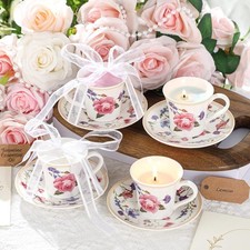 4 Set Mini Vintage Tea Cup Candle Floral Cups with Saucer, Colorful picture