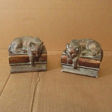 Vtg Faux Bronze Wood Finish Cats on Books Shelf HEAVY Bookends Pair *damage* picture