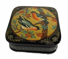 Lacquer jewelry box papier-mache Hand Painted signned Kholui . Bullfinches picture