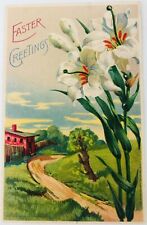 Vintage Easter Greetings Embossed Postcard Country Lane with Lillies 1912 picture
