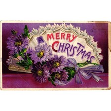Antique 1913 Christmas Postcard Purple Flowers Fan Germany Postmarked NY Stamp picture