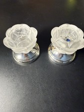 Vintage William Adams Frosted Rose Crystal Candle Holders Silver Plated Bases picture