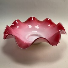 Victorian Cranberry Brides Basket Bowl Ruffled Rim Cased Glass Antique picture