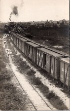  People on Train Tracks Line of Boxcars Vintage RPPC Postcard c.1904-1920s 23745 picture