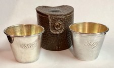 Pair vintage barware sterling silver shot cups in leather case R. Blackinton, MA picture