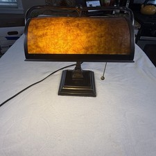 Vintage Mission Arts Crafts Banker Desk Lamp Amber Shade Bronze Pull Chain picture