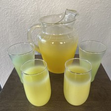 1960s VTG Yellow Blendo Glass Pitcher 2 Yellow & 2 Green Gold Trim Juice Glasses picture