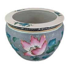 Vintage Chinese Fish Bowl Jardiniere Porcelain Floral Lotus Flowers 9.5X 12