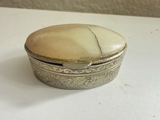 Vintage Oval Pill Trinket Box Silver Tone Floral Cream Stone Style Lid READ picture
