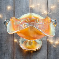 Dugan Glass Iridescent Marigold Bonbon Compote Dish Footed Bowl Glass Vintage picture