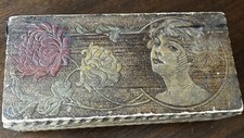 Antique Pyrography Glove Box Art Nouveau Lady Profile & Floral Motif Hinged picture