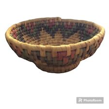 Vintage Woven Round Coiled Raffia Grass Basket Southwest Vibe Aztec Pink Blue picture