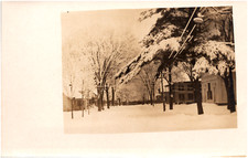 Snowy Street View in Unknown New England Town Church 1900s RPPC Postcard Photo picture