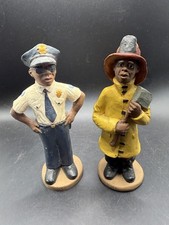 Vintage 1990 Black Firefighter & Police Officer Statues Figurines Signed JF90  picture