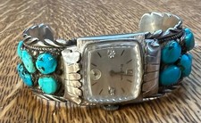VINTAGE LARGE NATIVE AMERICAN SILVER AND TURQUOISE WATCH BAND EXCELLENT picture