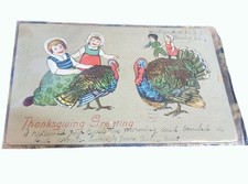 Vintage 1907 Thanksgiving Postcard With Turkeys & Children Illustration picture