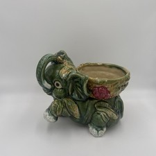 Vintage Green Glazed Ceramic Elephant Planter with Pink Flower - Good Condition. picture