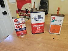 Lot 3 Vintage Oil Cans – GUNK, Blue Ribbon, Singer – Garage Man Cave Display picture