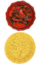 Pair of Faux (Red & White)Lacquer, Resin Cinnabar Asian Themed Decorative Plates picture