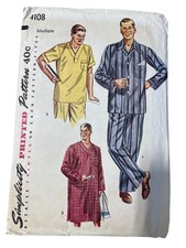 Vintage 50s Simplicity 4108 Sewing Pattern Medium Men Pajamas Nightshirt UNCUT  picture