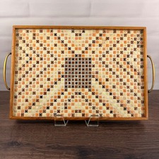 Vintage Mid Century Mosaic Tile Serving Tray Wood Brass Handles Made in USA picture