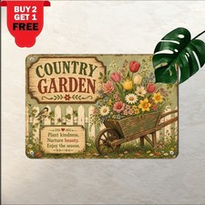 Wheelbarrow With Colorful Spring Flowers Sign Rustic Farm Garden Metal Plaque picture