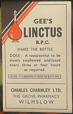 Vintage 1910s-1920s Gee's Linctus 🧪 Charles Charnley Pharmacy Label Wilmslow picture