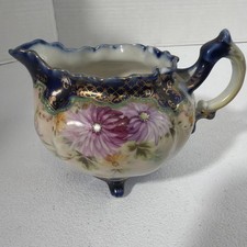 ANTIQ ROYAL NIPPON PORCELAIN COBALT BLUE FLORAL MOTIF GOLD GILDED FOOTED CREAMER picture