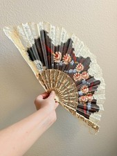 Vintage Spanish Hand Fan Lace Floral Birds Folding Made In Spain Home Decor picture