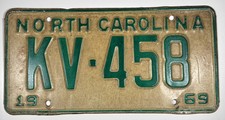 Vintage 1969 North Carolina License Plate Green Lettering KV - 458 picture