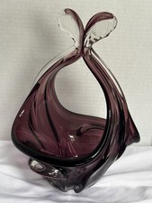 VTG Handblown Glass Dish Bowl with Handle In Amethyst Purple Stunning Piece picture