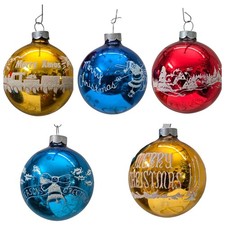 Vintage Franke Glass Christmas Ornaments Lot of 5 USA Merry Xmas Mica Stenciled  picture