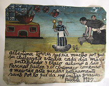 VTG HP MEXICAN TIN RETABLO SAN PASCUAL BAILON CURES WOMAN's CHILD in 1927 picture