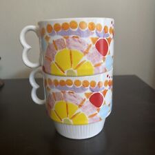 Set Of 2 Anthropologie Stackable Abstract Polka Dot Floral Mugs Coffee Tea Retro picture