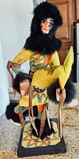 Native American Hand-Painted Wood Figurine w/ Feathers Faux Fur, Geometric picture