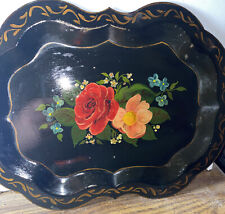 toleware black tin hand painted tray 14”x11”ornate Scalloped Rim Vintage picture