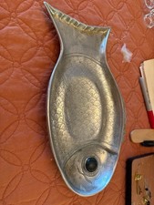 1977 Arthur Court Cast Aluminum Fish Platter Tray Green Stone Eye 11.5